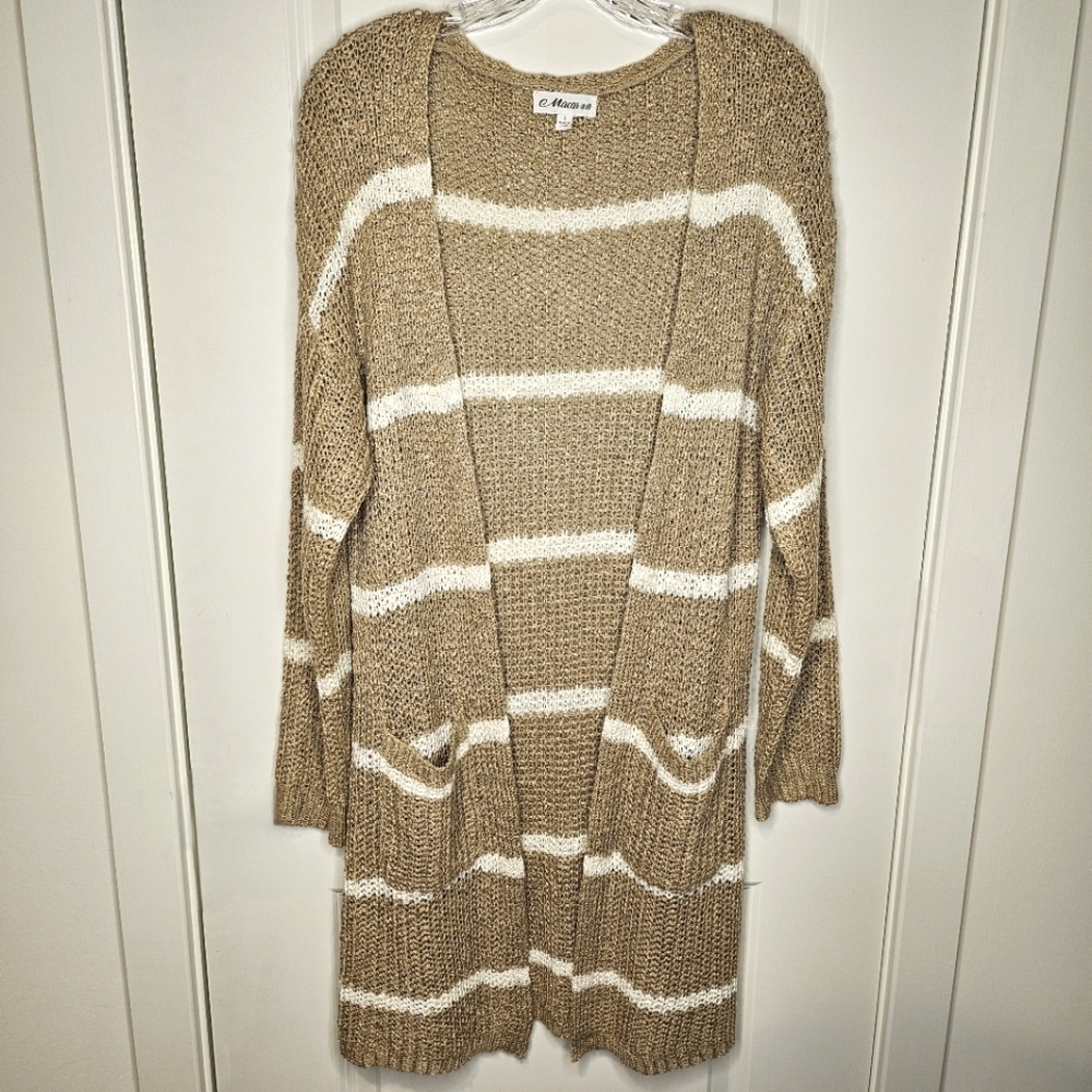 Macaron Cardigan Sweater Small Neutral Beige White Striped Open Knit Pockets - Picture 3 of 8